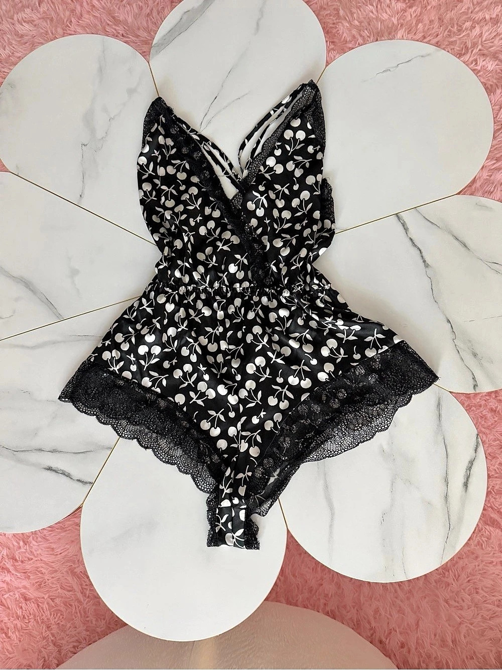 Victoria's Secret Floral Lace night cherry print bodysuit in Black & White M
